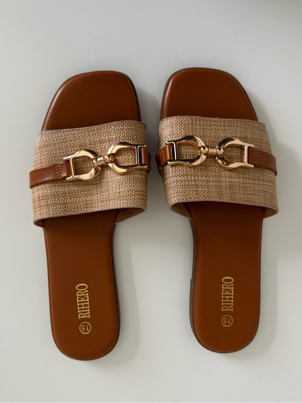 Tan Woven Slide Sandals with Gold Chain